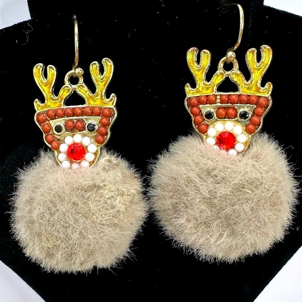 Reindeer Earrings Christmas Holiday Pom Pom Drop Dangle Festive
